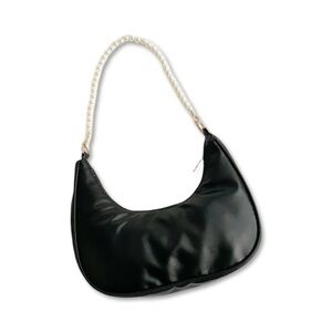 Black Faux Leather Shoulder Bag with Pearl Bader Strap | NWT